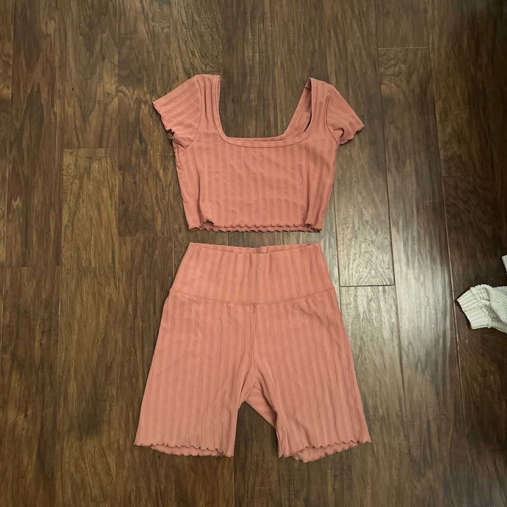 Ribbed orange Crop Top and Shorts Set